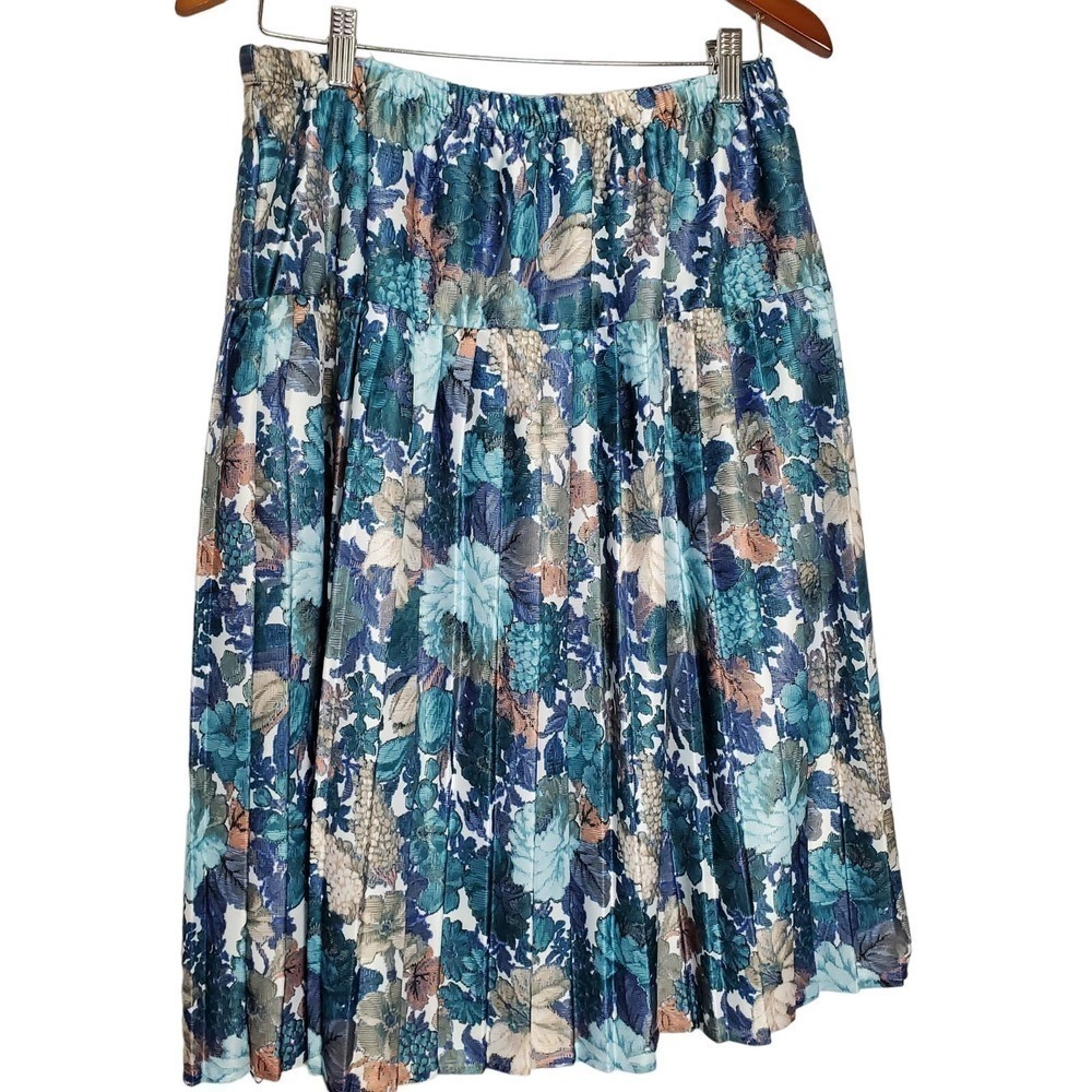 Vintage 90s Skirt Womens XL Blue Floral Pleated Midi Pull On Retro Casual